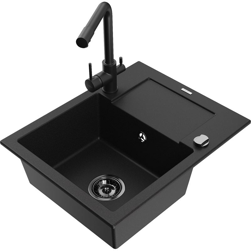 Mexen Enzo 1-bowl granite sink with drainer and Duero kitchen tap, black - 6506-77-671600-70-B