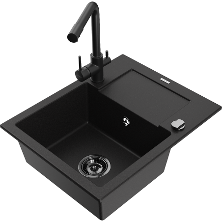 Mexen Enzo 1-bowl granite sink with drainer and Duero kitchen tap, black - 6506-77-671600-70-B