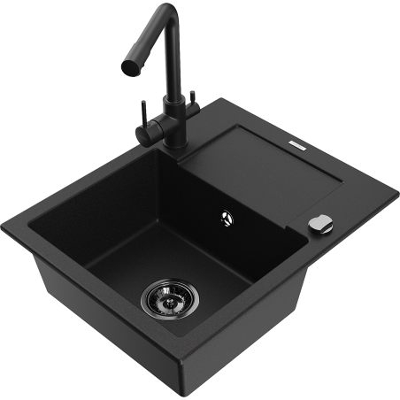 Mexen Enzo 1-compartment granite sink with a drip tray and kitchen mixer tap Duero, Black - 6506-77-671600-70-B