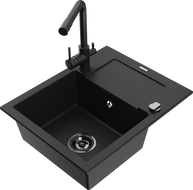 Mexen Enzo 1-compartment granite sink with a drip tray and kitchen mixer tap Duero, Black - 6506-77-671600-70-B