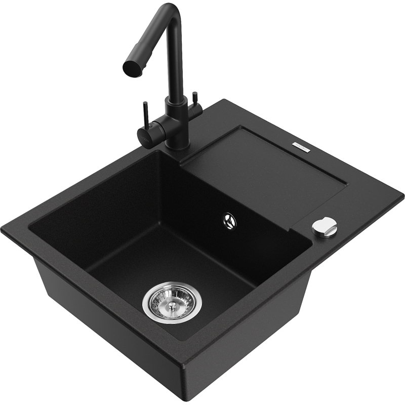 Mexen Enzo 1-compartment granite sink with a drip tray and kitchen mixer tap Duero, Black - 6506-77-671600-70