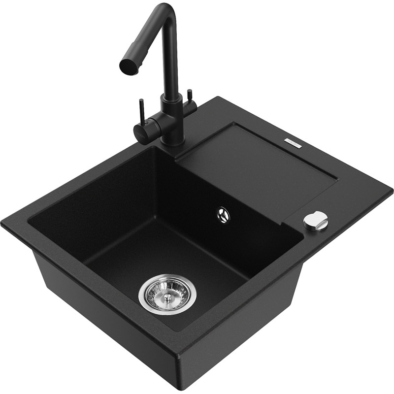 Mexen Enzo single-bowl granite sink with drainer and Duero kitchen faucet, black - 6506-77-671600-70