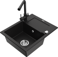 Mexen Enzo granite sink 1-bowl with drainer and Duero kitchen faucet, black - 6506-77-671600-70