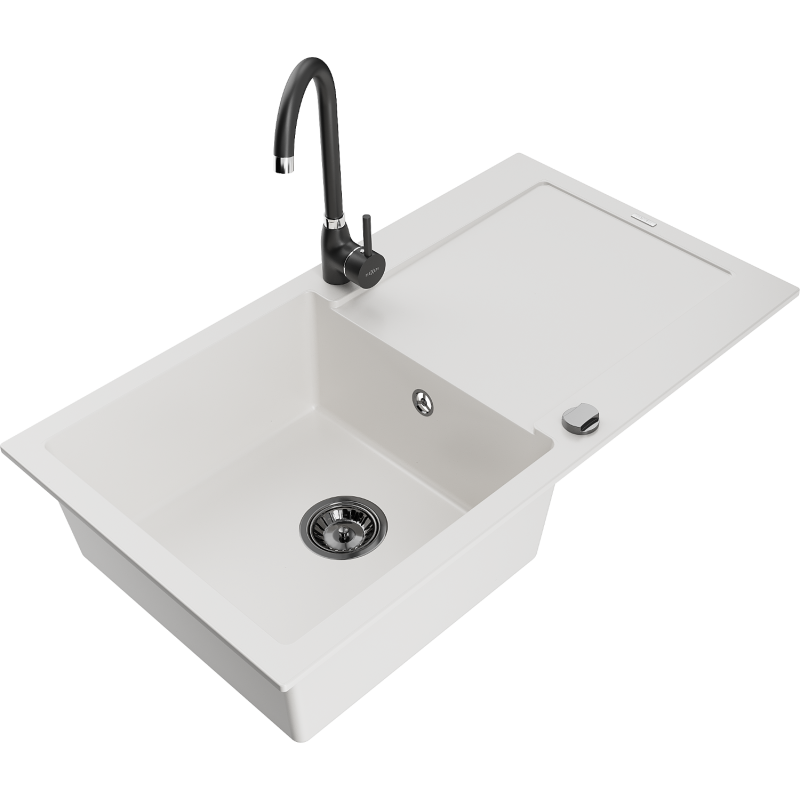 Mexen Leo 1-compartment granite sink with a drip tray and kitchen mixer tap Telma, White - 6501-20-670200-70