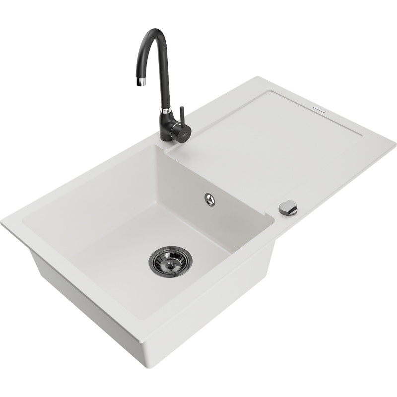 Mexen Leo granite kitchen sink with single bowl, drainer, and Telma faucet, white - 6501-20-670200-70
