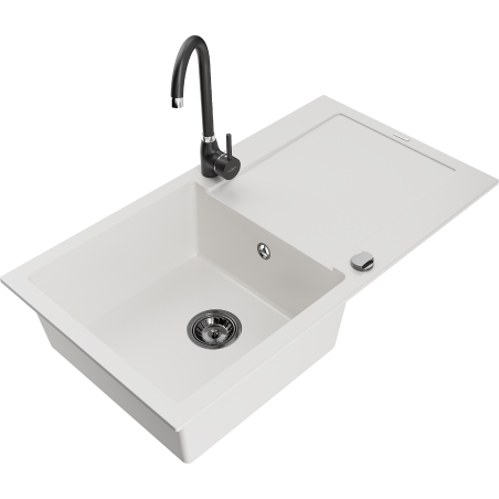 Mexen Leo granite 1-bowl sink with drainer and Telma kitchen faucet, white - 6501-20-670200-70