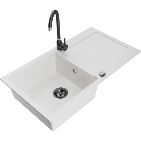 Mexen Leo granite kitchen sink with single bowl, drainer, and Telma faucet, white - 6501-20-670200-70