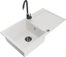 Mexen Leo granite kitchen sink with single bowl, drainer, and Telma faucet, white - 6501-20-670200-70