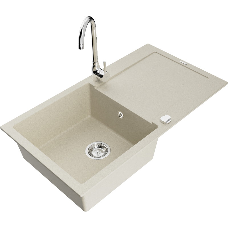 Mexen Leo 1-bowl granite sink with drainer and Telma kitchen faucet, beige - 6501-69-670200-00