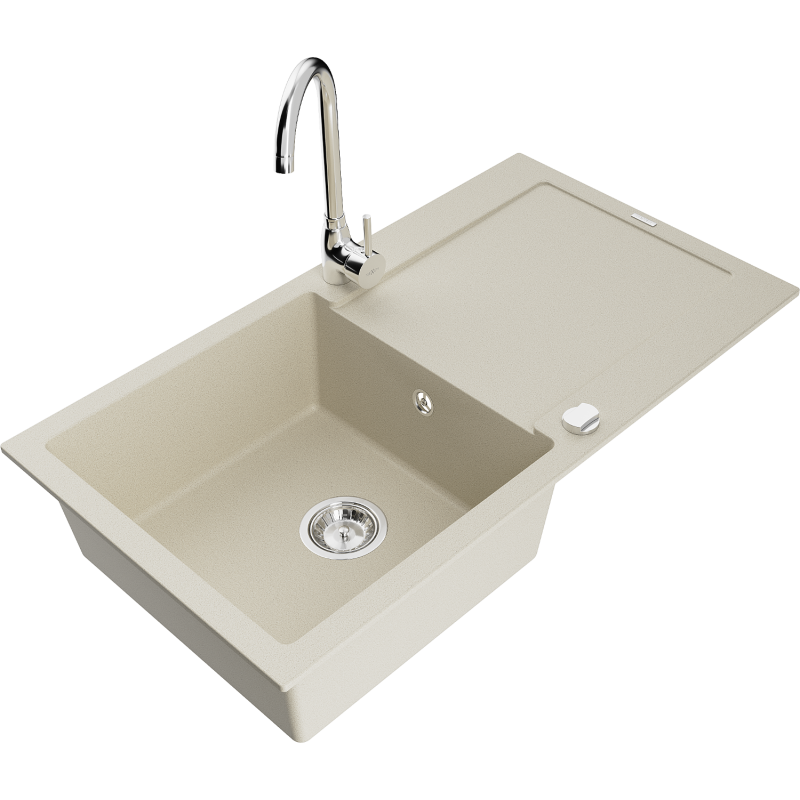 Mexen Leo 1-compartment granite sink with a drip tray and kitchen mixer tap Telma, Beige - 6501-69-670200-00