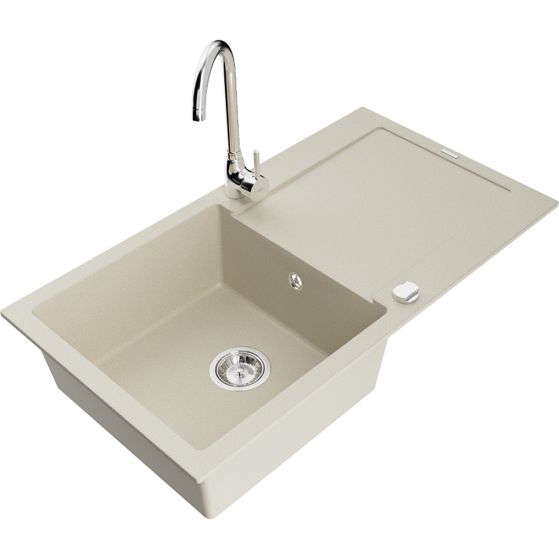Mexen Leo granite kitchen sink 1-bowl with drainer and Telma kitchen tap, beige - 6501-69-670200-00