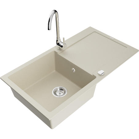 Mexen Leo 1-compartment granite sink with a drip tray and kitchen mixer tap Telma, Beige - 6501-69-670200-00