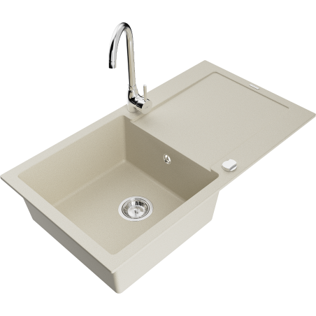 Mexen Leo granite kitchen sink 1-bowl with drainer and Telma kitchen tap, beige - 6501-69-670200-00