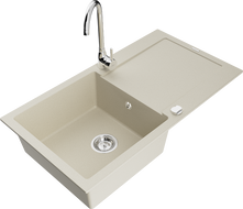 Mexen Leo 1-compartment granite sink with a drip tray and kitchen mixer tap Telma, Beige - 6501-69-670200-00