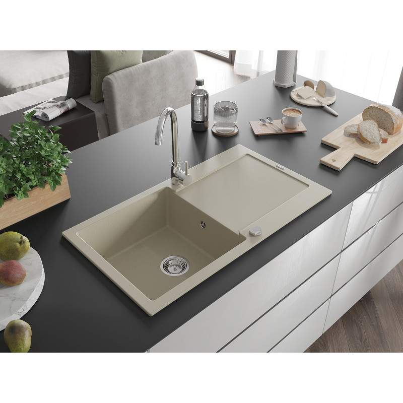 Mexen Leo 1-bowl granite sink with drainer and Telma kitchen faucet, beige - 6501-69-670200-00