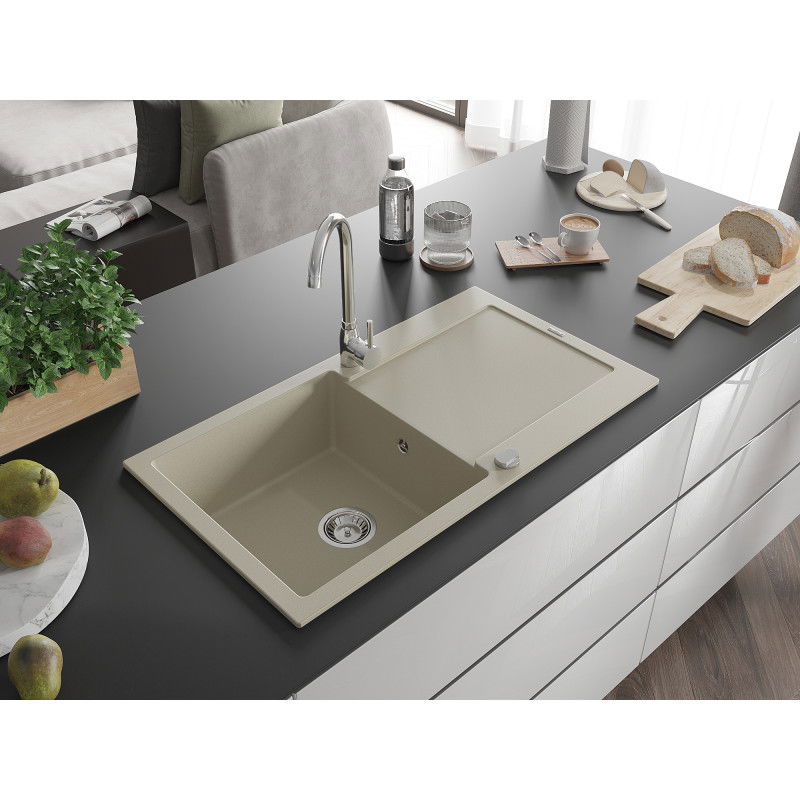 Mexen Leo granite kitchen sink 1-bowl with drainer and Telma kitchen tap, beige - 6501-69-670200-00