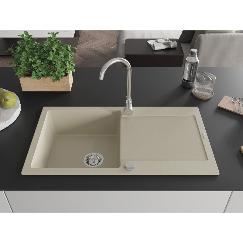 Mexen Leo 1-bowl granite sink with drainer and Telma kitchen faucet, beige - 6501-69-670200-00