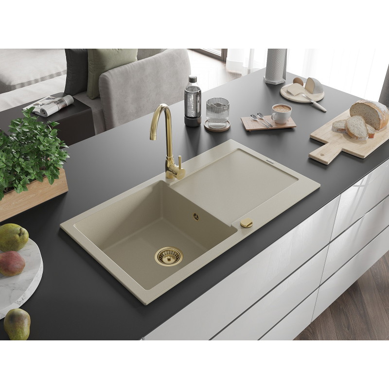 Mexen Leo 1-bowl granite sink with drainer and Telma kitchen faucet, beige - 6501-69-670200-50
