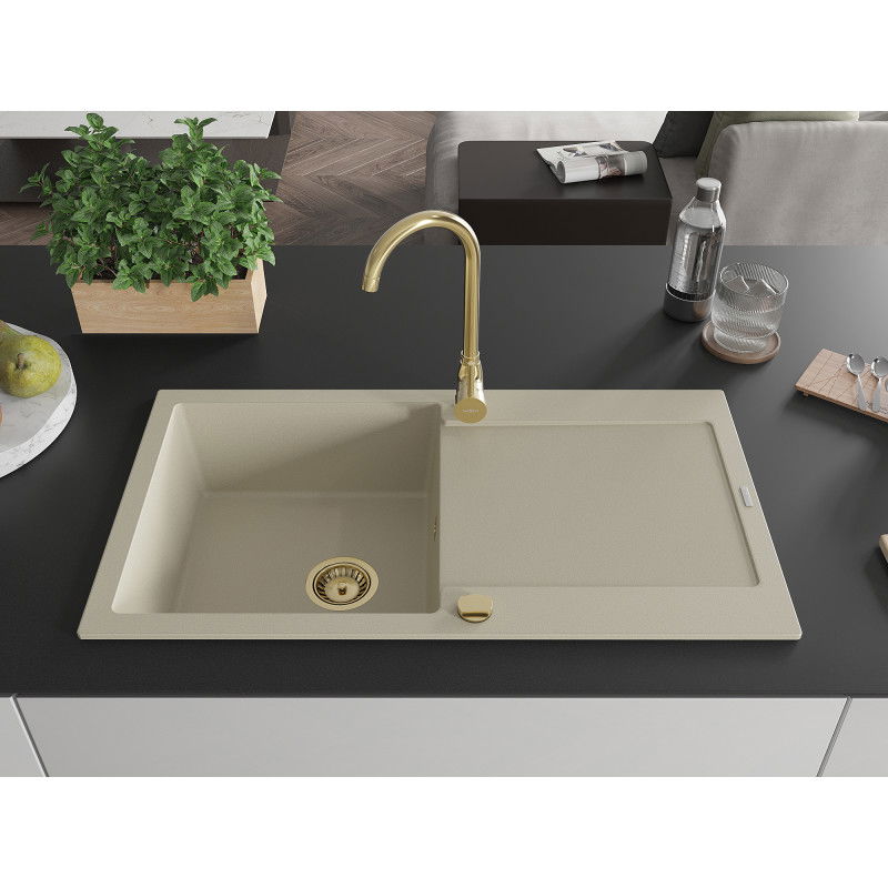 Mexen Leo granite sink 1-bowl with drainer and Telma kitchen faucet, beige - 6501-69-670200-50