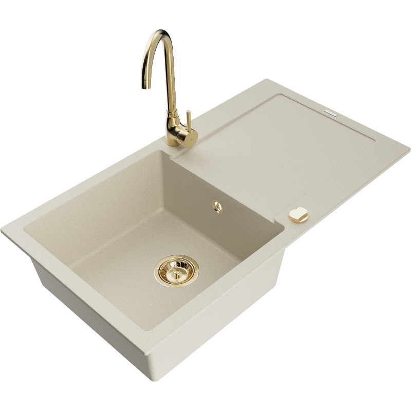 Mexen Leo 1-bowl granite sink with drainer and Telma kitchen faucet, beige - 6501-69-670200-50
