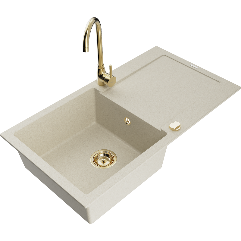 Mexen Leo granite sink 1-bowl with drainer and Telma kitchen faucet, beige - 6501-69-670200-50