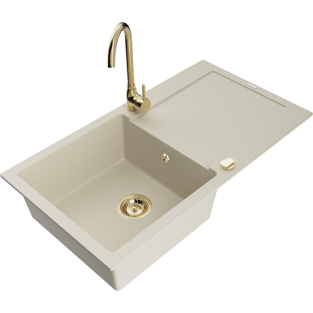 Mexen Leo 1-compartment granite sink with a drip tray and kitchen mixer tap Telma, Beige - 6501-69-670200-50