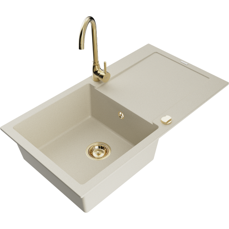 Mexen Leo granite sink 1-bowl with drainer and Telma kitchen faucet, beige - 6501-69-670200-50