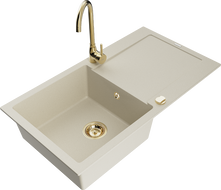 Mexen Leo granite sink 1-bowl with drainer and Telma kitchen faucet, beige - 6501-69-670200-50