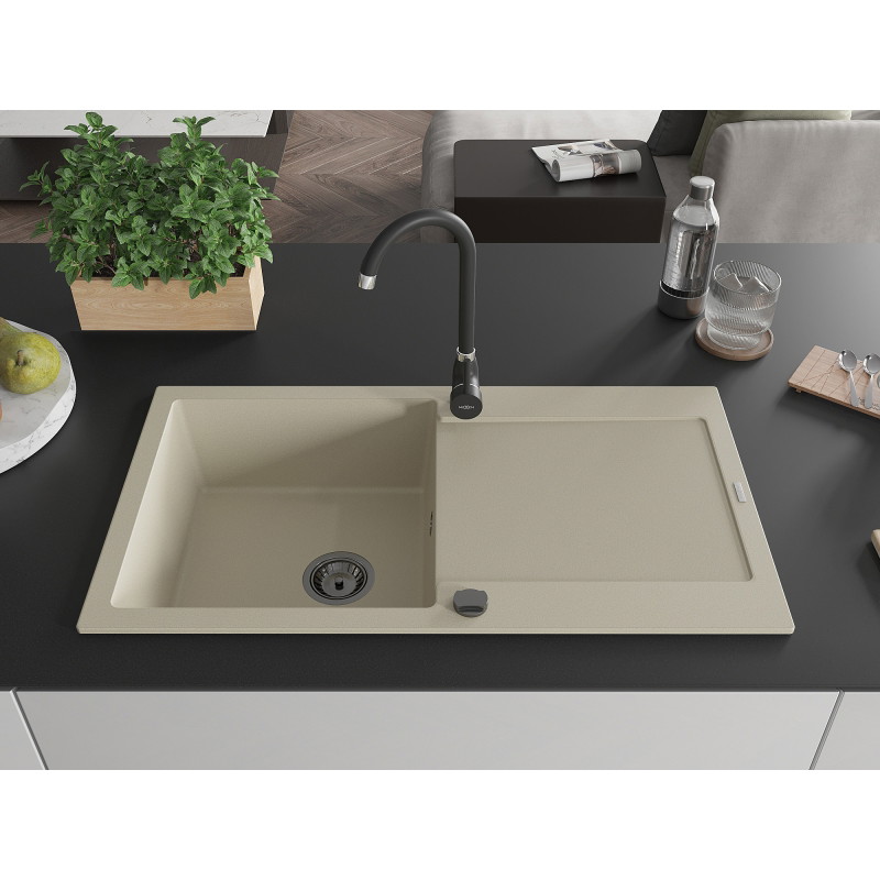 Mexen Leo granite sink 1-bowl with drainer and kitchen faucet Telma, beige - 6501-69-670200-70