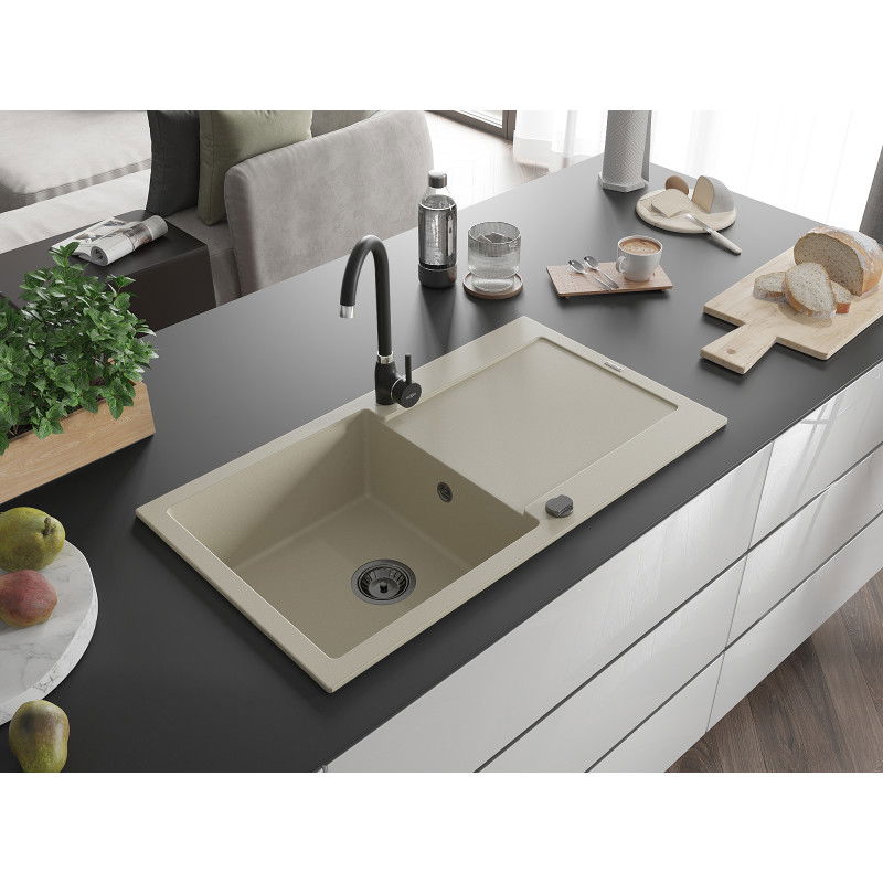 Mexen Leo 1-bowl granite sink with drainer and Telma kitchen tap, beige - 6501-69-670200-70