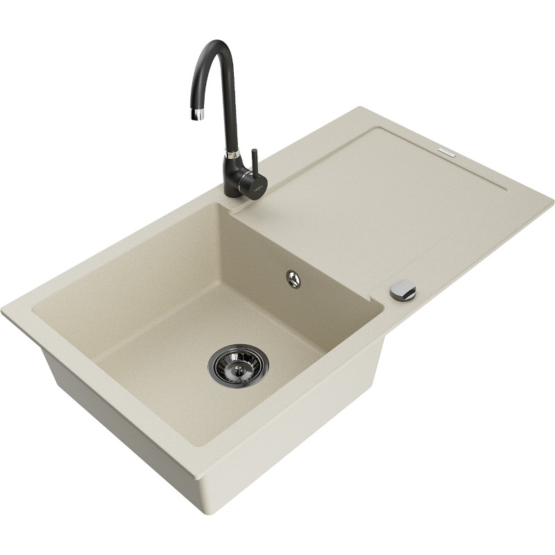 Mexen Leo granite kitchen sink 1-bowl with drainer and kitchen faucet Telma, beige - 6501-69-670200-70