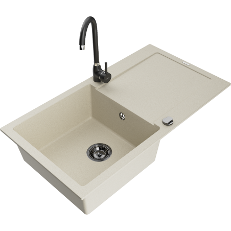 Mexen Leo 1-bowl granite sink with drainer and Telma kitchen tap, beige - 6501-69-670200-70