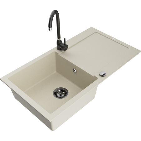 Mexen Leo granite kitchen sink 1-bowl with drainer and kitchen faucet Telma, beige - 6501-69-670200-70