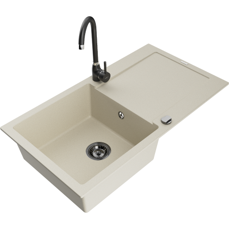 Mexen Leo granite sink 1-bowl with drainer and kitchen faucet Telma, beige - 6501-69-670200-70