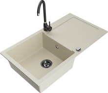 Mexen Leo 1-compartment granite sink with a drip tray and kitchen mixer tap Telma, Beige - 6501-69-670200-70