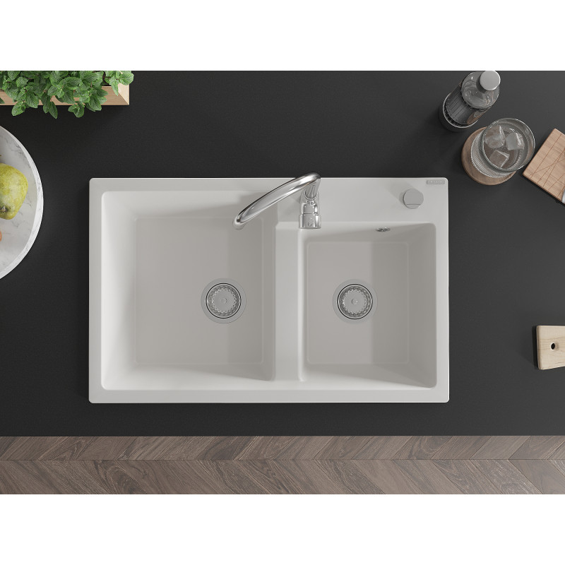 Mexen Tomas granite double-bowl sink 800 x 500 mm, white, chrome siphon - 6516802000-20