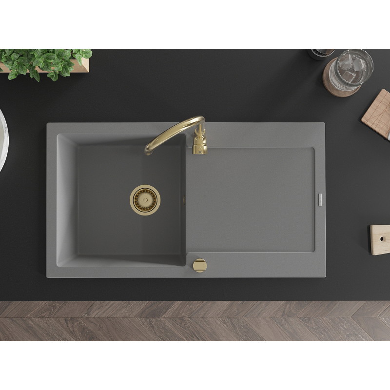 Mexen Leo 1-bowl granite sink with drainer and Telma kitchen faucet, gray - 6501-71-670200-50