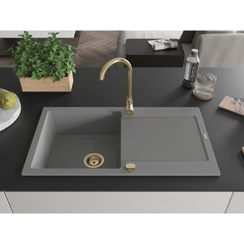 Mexen Leo granite kitchen sink 1-bowl with drainer and Telma kitchen faucet, gray - 6501-71-670200-50