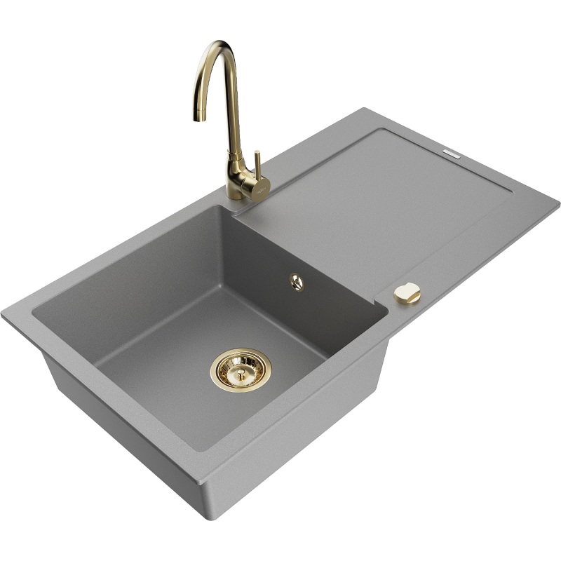 Mexen Leo 1-compartment granite sink with a drip tray and kitchen mixer tap Telma, Grey - 6501-71-670200-50