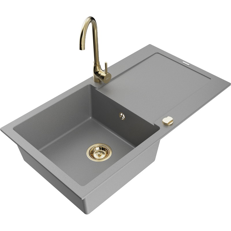 Mexen Leo granite kitchen sink 1-bowl with drainer and Telma kitchen faucet, gray - 6501-71-670200-50