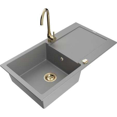 Mexen Leo 1-bowl granite sink with drainer and Telma kitchen tap, grey - 6501-71-670200-50