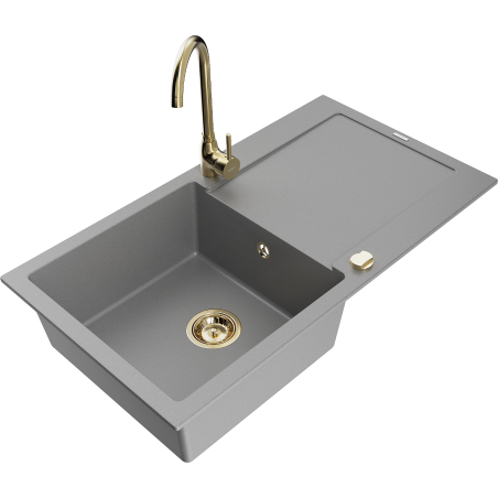 Mexen Leo granite kitchen sink 1-bowl with drainer and Telma kitchen faucet, gray - 6501-71-670200-50