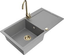 Mexen Leo 1-bowl granite sink with drainer and Telma kitchen faucet, gray - 6501-71-670200-50
