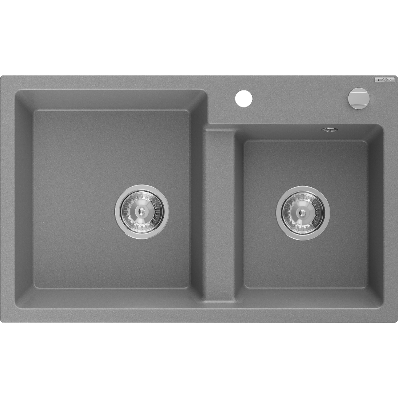 Mexen Tomas granite sink 2-bowl 800 x 500 mm, grey, chrome siphon - 6516802000-71