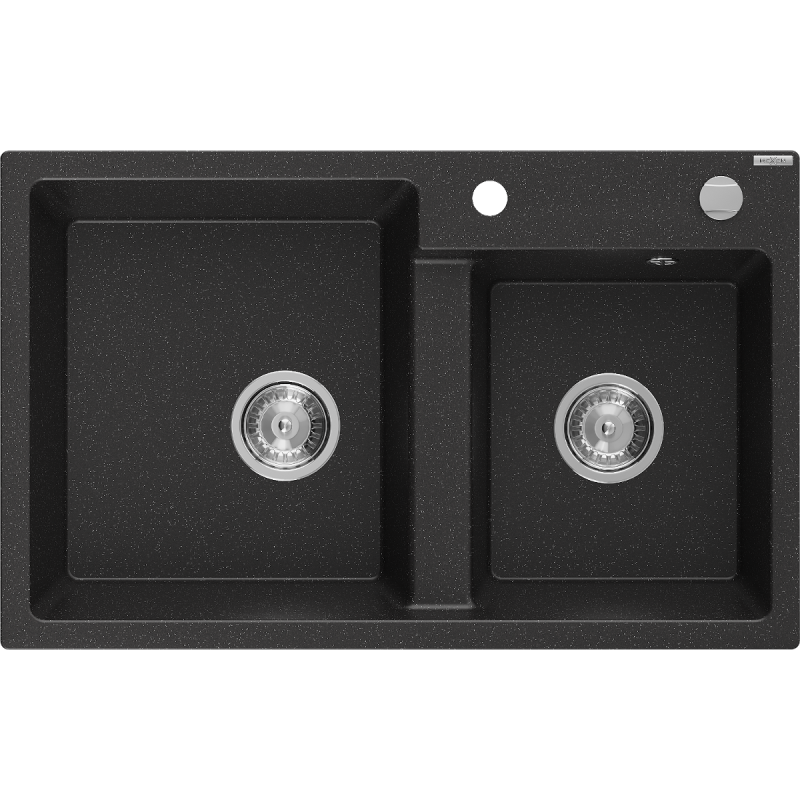Mexen Tomas 2-bowl granite sink 800 x 500 mm, black/silver metallic, chrome siphon - 6516802000-73