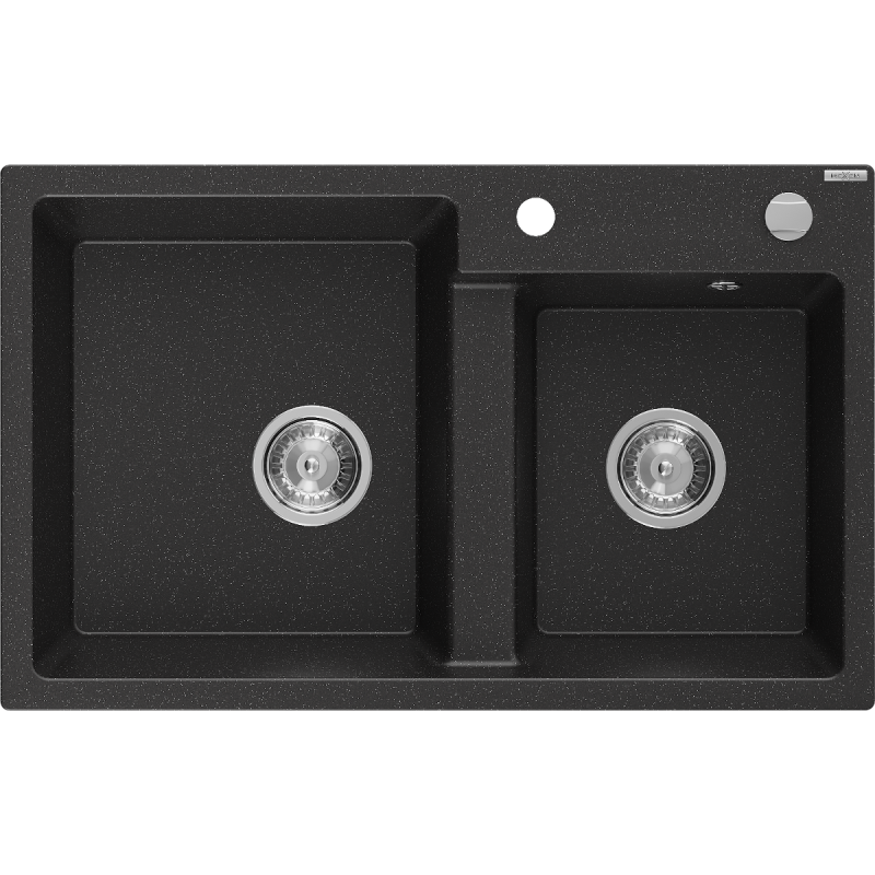 Mexen Tomas granite sink 2-chamber 800 x 500 mm, black/silver metallic, chrome siphon - 6516802000-73