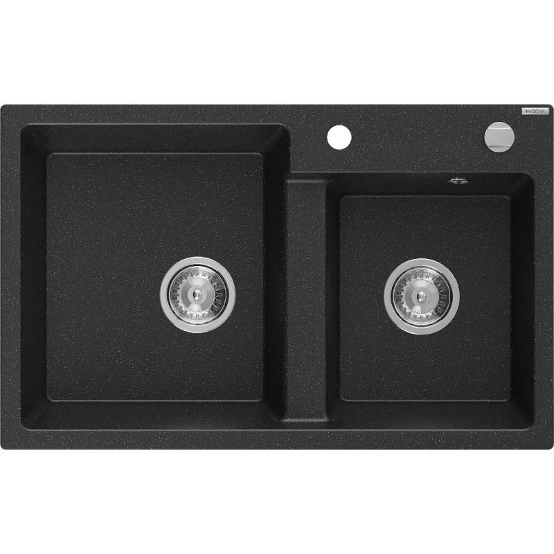Mexen Tomas granite sink with 2 compartments 800 x 500 mm, black/silver metallic, chrome siphon - 6516802000-73