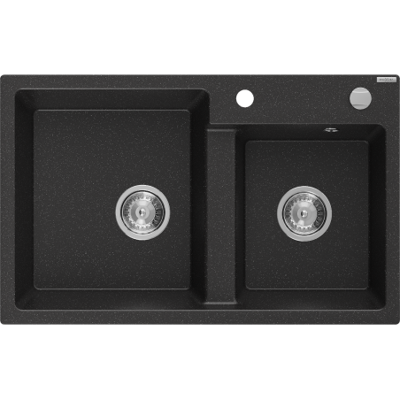 Mexen Tomas 2-bowl granite sink 800 x 500 mm, black/silver metallic, chrome siphon - 6516802000-73