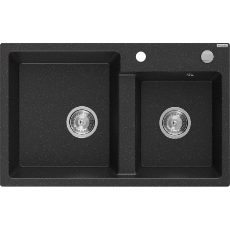 Mexen Tomas granite sink 2-chamber 800 x 500 mm, black/silver metallic, chrome siphon - 6516802000-73