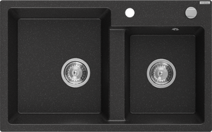 Mexen Tomas 2-bowl granite sink 800 x 500 mm, black/silver metallic, chrome siphon - 6516802000-73